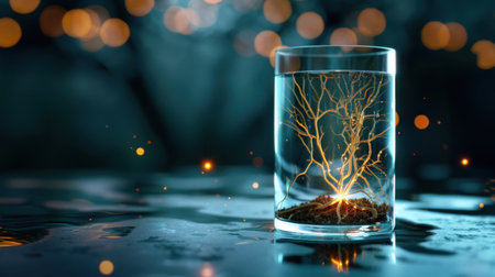 A mesmerizing image of a glass filled with water, displaying glowing roots and branches. The serene atmosphere invites reflection on the beauty of nature and creativity.の素材