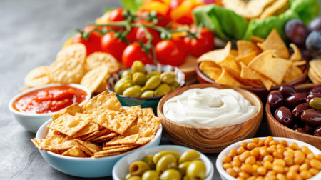 A vibrant and inviting spread of appetizers featuring fresh vegetables, savory dips, crispy crackers, and olives, perfect for any gathering or celebration.の素材