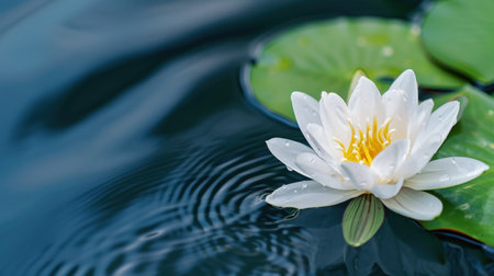 A stunning close-up of a white water lily gracefully floating on a calm pond, surrounded by green leaves and creating gentle ripples, embodying tranquility.の素材