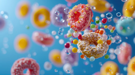 This vibrant image captures colorful doughnuts floating amid bubbles and sprinkles, creating a playful and joyful atmosphere perfect for dessert lovers.の素材