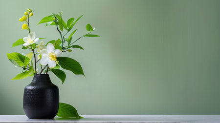 A stunning arrangement of white flowers and fresh green leaves in a sleek black vase, set against a soft backdrop, evoking tranquility and elegance.の素材