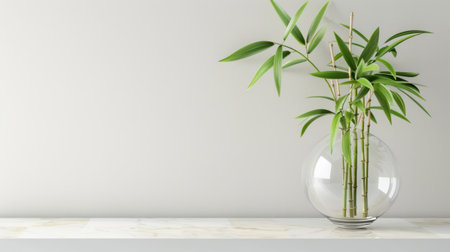 A serene composition featuring green bamboo stems in a clear glass vase on a minimalist shelf, highlighting natural beauty and tranquil style. Perfect for modern home decor.の素材
