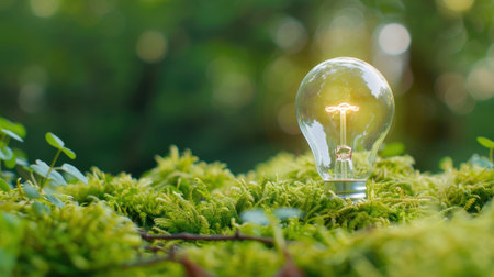 A glowing light bulb perched on vibrant green moss, creating a stunning contrast that symbolizes harmony between nature and technology in a serene outdoor setting.の素材