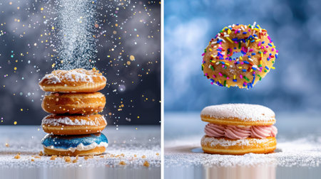 A vibrant assortment of colorful donuts showcases a delightful presentation, featuring sprinkles and powdered sugar falling in a festive background.の素材