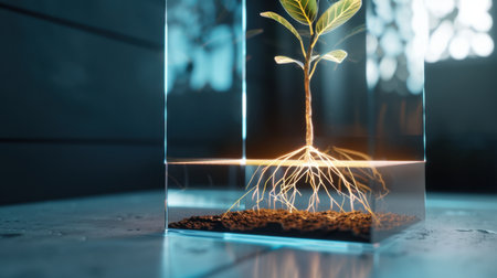 This captivating image features a growing plant within a transparent glass container, showcasing its roots and leaves illuminated by a gentle light. The scene embodies nature's beauty and the essence of growth.の素材