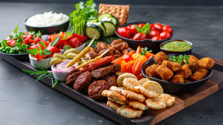 This vibrant wooden platter showcases an appealing assortment of fresh vegetables, savory dips, and bite-sized snacks, perfect for entertaining and gatherings.の素材