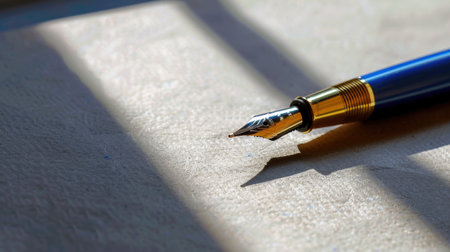A close-up image of an elegant blue fountain pen resting on a light surface, casting soft shadows and reflecting warm light, ideal for creative projects.の素材