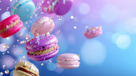 A whimsical scene featuring colorful macarons with sprinkles, gracefully floating against a dreamy pastel background filled with sparkling bokeh lights.の素材