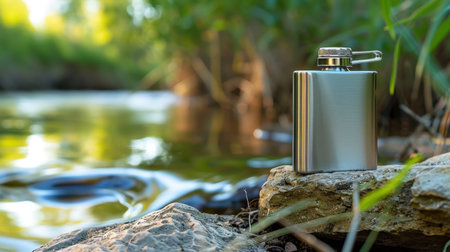 A sleek stainless steel flask rests on a natural rock near a flowing stream, surrounded by vibrant greenery. Perfect for outdoor adventures and hikes.の素材