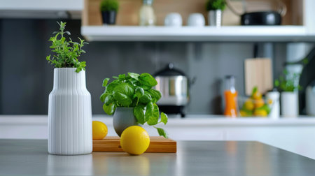 A bright kitchen scene showcasing fresh herbs and lemons in a white vase and a wooden board, highlighting vibrant colors and a modern aesthetic.の素材
