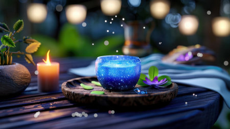 This captivating nighttime scene features a glowing blue bowl surrounded by candlelight and soft bokeh lights, creating a serene atmosphere perfect for relaxation.の素材