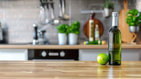 A refreshing green beverage bottle sits next to a zesty lime on a wooden table, showcasing a stylish kitchen backdrop with blurred details.の素材