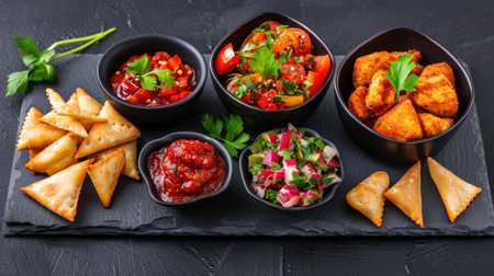 A visually captivating arrangement of assorted appetizers, featuring crispy snacks, vibrant dips, and fresh vegetables on a slate platter, perfect for gatherings.の素材