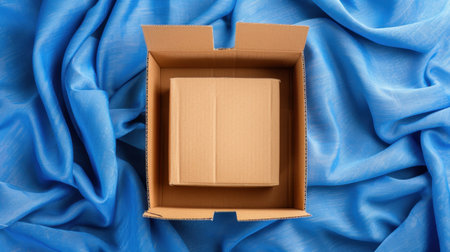 A top view image showing an open cardboard box resting on soft blue fabric. Inside, a smaller cardboard box is visible, ideal for packaging concepts.の素材