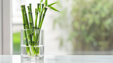 A serene composition of fresh green bamboo sticks elegantly placed in a clear glass vase. The soft background enhances the peaceful atmosphere, perfect for home decor.の素材