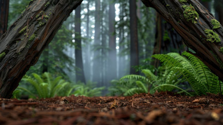 This stunning image captures a misty redwood forest, showcasing lush ferns and tall trees with soft light filtering through the foliage, creating a serene atmosphere.の素材