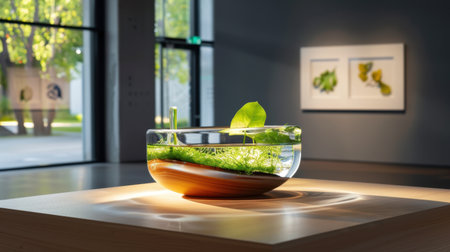 A captivating display of a clear bowl containing vibrant aquatic plants, illuminated by soft light, creating a serene atmosphere in a modern art gallery.の素材