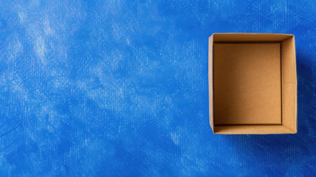 An empty cardboard box sits on a vibrant blue background, inviting creative possibilities for packaging, storage, or minimalist designs. Ideal for various projects.の素材