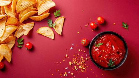 A vibrant arrangement of crunchy chips, fresh tomatoes, and spicy seasoning alongside a bowl of rich red sauce on a bold background captures a festive snack idea.の素材