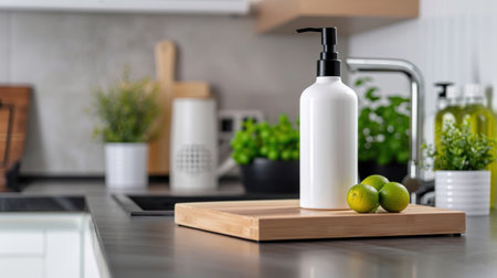 A serene kitchen scene featuring a sleek white bottle positioned on a wooden cutting board next to fresh limes and vibrant greenery, creating a clean and modern atmosphere perfect for culinary inspiration.の素材