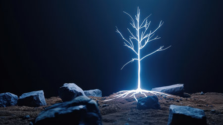A striking image of a glowing tree with neon roots, emerging from the ground amidst a collection of rocks, set against a dark, ethereal backdrop.の素材