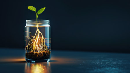 This captivating image features a fresh plant growing inside a transparent jar, showcasing illuminated roots and vibrant leaves. The blend of light and nature creates a tranquil and inspiring atmosphere, ideal for themes of growth and sustainability.の素材