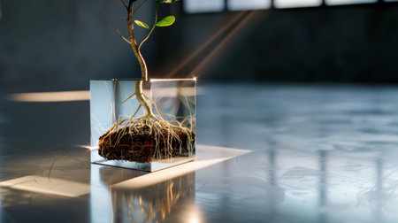 A striking image of a small tree rooted in rich soil, encased in a clear glass cube, emphasizing the theme of growth and sustainability in a sleek interior.の素材