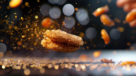 This captivating image showcases golden cookies suspended in mid-air, surrounded by sparkling dust and colorful bokeh, perfect for food enthusiasts.の素材