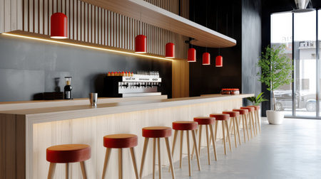 A sleek modern bar interior featuring a wooden counter with stylish red pendant lights. This contemporary space offers a relaxed ambiance, perfect for social gatherings.の素材