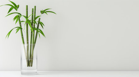 This image showcases fresh green bamboo sticks arranged in a clear glass vase set against a minimalist white background, perfect for tranquil home decor.の素材