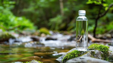 A clear water bottle stands on a stone in a tranquil forest stream, surrounded by vibrant greenery and flowing water, symbolizing purity and hydration.の素材