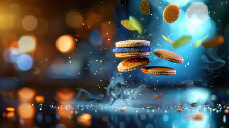 Mesmerizing scene featuring colorful cookies suspended in mid-air, surrounded by shimmering light and sparkling elements, ideal for dessert lovers.の素材
