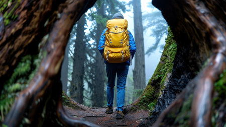 A man wearing a bright blue jacket and beanie walks through a misty forest while carrying a yellow backpack, showcasing the spirit of adventure and exploration.の素材