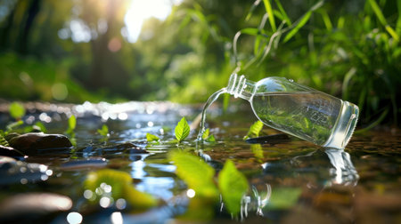 A serene scene of a water bottle spilling fresh liquid into a calm stream, accented by vibrant greenery and warm sunlight, embodying nature's tranquility.の素材