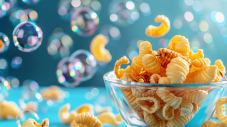 A vibrant glass bowl filled with colorful, crunchy snacks is surrounded by floating bubbles against a bright blue background, creating a joyful atmosphere.の素材