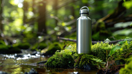 A stunning stainless steel water bottle sits gracefully on moss-covered rocks beside a tranquil stream in a vibrant forest, representing outdoor adventure and sustainability.の素材
