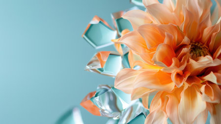 This stunning image features a vibrant orange flower complemented by sleek geometric shapes against a soothing blue backdrop, perfect for artistic themes.の素材