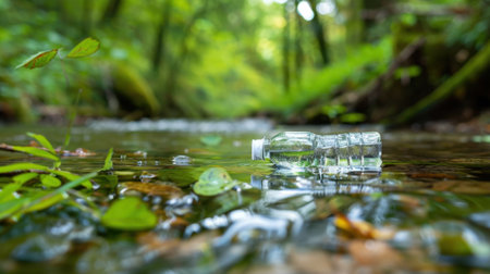 This image captures a plastic bottle floating on the surface of a pristine stream, surrounded by vibrant greenery, emphasizing the impact of waste on nature.の素材