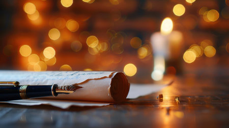 A beautifully composed scene featuring a quill pen resting beside a rolled parchment, illuminated by soft candlelight and bokeh effects.の素材