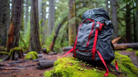 A striking image of a bright backpack perched on a moss-covered rock, set against a backdrop of lush forest trees, embodying the spirit of outdoor exploration.の素材