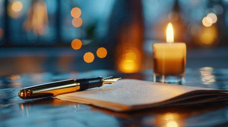 A beautifully lit scene featuring an elegant fountain pen resting on an open notebook with a candle nearby. The soft bokeh background creates a warm, inviting atmosphere, perfect for inspiration and creativity.の素材