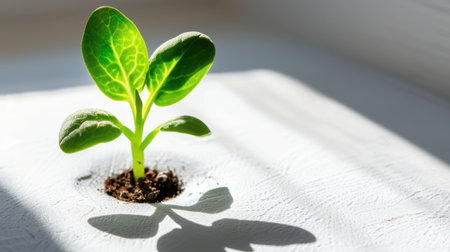 A vibrant green seedling emerges from nutrient-rich soil, basking in soft sunlight on a light surface. The delicate leaves cast beautiful shadows, symbolizing growth and renewal.の素材