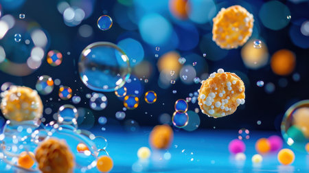 This captivating image features vibrant bubbles and colorful particles floating in an abstract setting, creating a dreamy underwater effect and artistic appeal.の素材