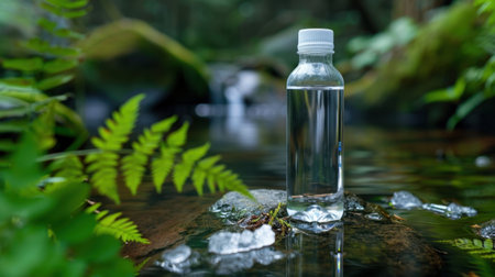 A clear water bottle rests on rocky terrain beside a serene stream, surrounded by vibrant ferns and lush greenery, capturing the essence of nature's tranquility.の素材