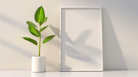 A lovely minimalistic composition featuring a potted plant beside an empty frame against a light wall. Ideal for showcasing modern decor themes.の素材