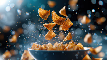 A captivating image of crispy snacks suspended in the air above a bowl, surrounded by sparkling sugar, creating a delightful and vibrant atmosphere.の素材