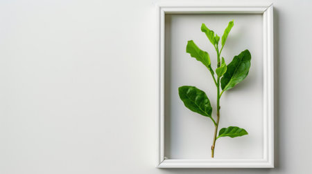A fresh green leaf gracefully displayed in a minimalist white frame against a clean background, perfect for art, decoration, and nature themes.の素材