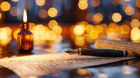 A beautifully arranged scene featuring an elegant fountain pen on vintage parchment with a glowing candle and warm bokeh lights, evoking a nostalgic atmosphere.の素材