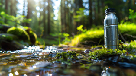 A gleaming stainless steel water bottle rests beside a sparkling stream in a tranquil forest. Sunlight filters through the trees, illuminating the lush greenery.の素材
