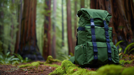 A vibrant green hiking backpack rests on a lush mossy ground in a peaceful forest, surrounded by towering trees and natural tranquility. Ideal for adventurers!の素材